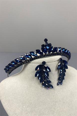 Navy Blue Ece Bridal Henna Crown and Leaf Stone Earrings