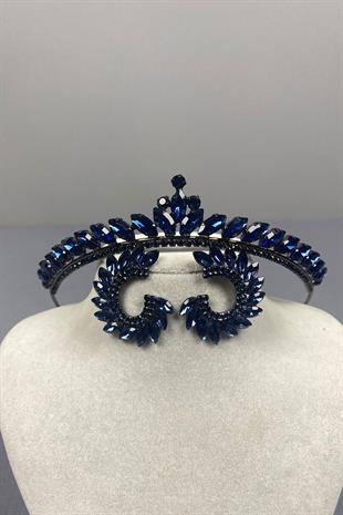 Navy Blue Ece Bridal Henna Crown and Round Stone Earring Set