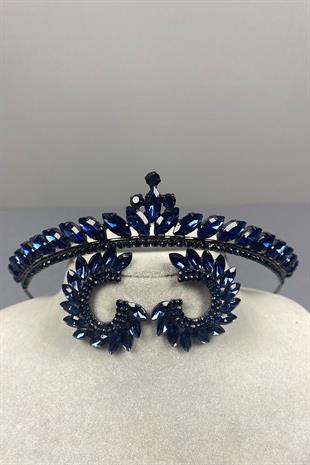 Navy Blue Ece Bridal Henna Crown and Round Stone Earring Set