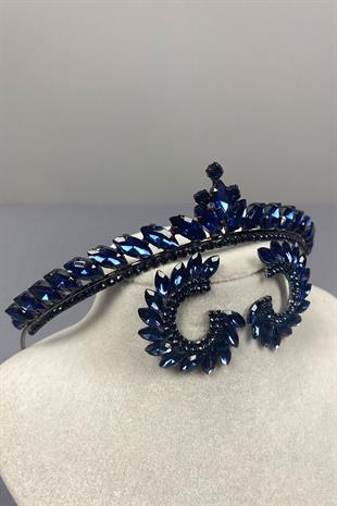 Navy Blue Ece Bridal Henna Crown and Round Stone Earring Set