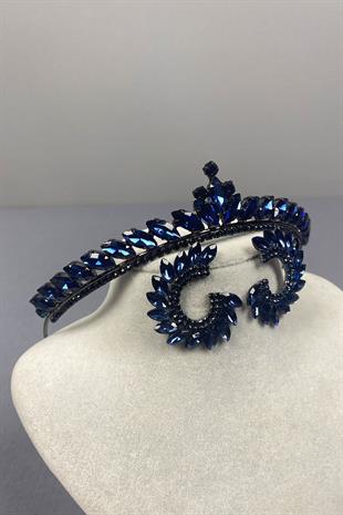 Navy Blue Ece Bridal Henna Crown and Round Stone Earring Set