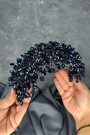 Lacivert Elena Yoğun Boncuk İşlemeli Gelin Tacı Saç Ve Türban Aksesuarı