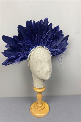 Navy Blue Enda Feathered Stone Bridal Henna Crown Accessory