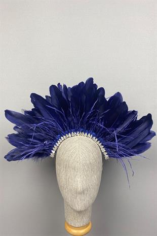Navy Blue Enda Feathered Stone Bridal Henna Crown Accessory