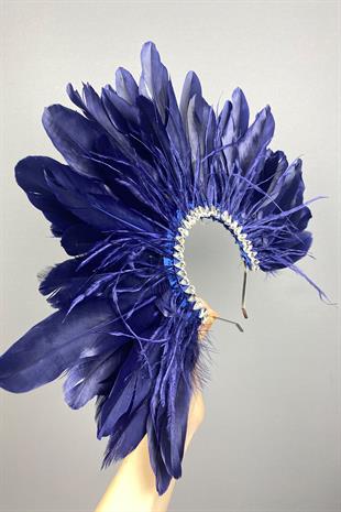 Navy Blue Enda Feathered Stone Bridal Henna Crown Accessory