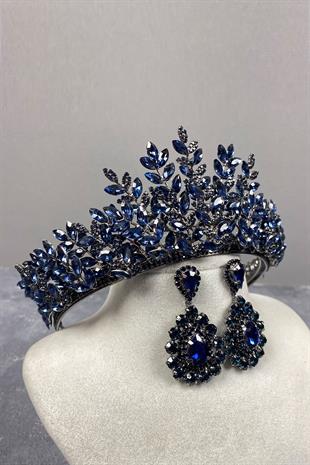 Navy Blue Ezel 3D Bridal Henna Crown And Earring Set With Drop Stone