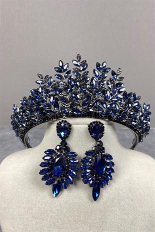 Navy Blue Ezel 3D Bridal Henna Crown And Earring Set