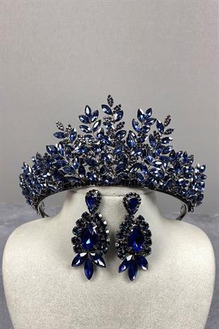 Navy Blue Ezel 3D Bridal Henna Tiara and Shuttle Drop Earring Set
