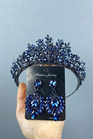 Navy Blue Ezel 3D Bridal Henna Crown And Earring Set