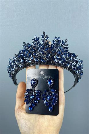 Navy Blue Ezel 3D Bridal Henna Crown And Stud Earring Set