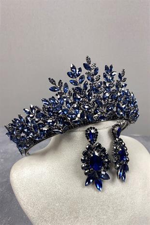 Navy Blue Ezel 3D Bridal Henna Tiara and Shuttle Drop Earring Set