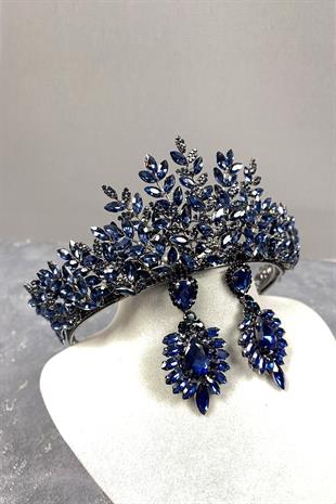 Navy Blue Ezel 3D Bridal Henna Crown And Earring Set