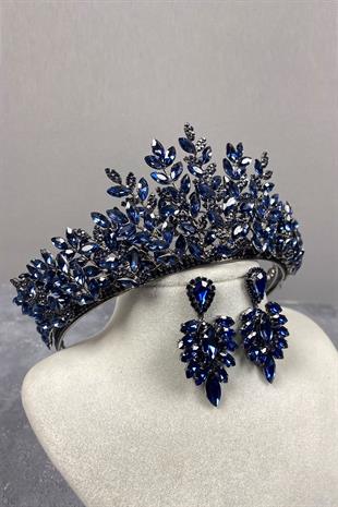 Navy Blue Ezel 3D Bridal Henna Crown And Stud Earring Set