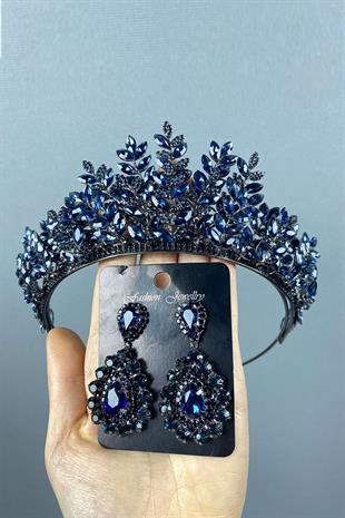 Navy Blue Ezel 3D Bridal Henna Crown And Earring Set With Drop Stone
