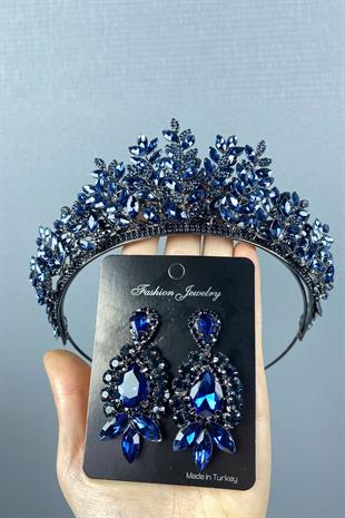 Navy Blue Ezel 3D Bridal Henna Tiara and Shuttle Drop Earring Set
