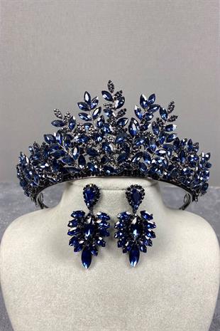 Navy Blue Ezel 3D Bridal Henna Crown And Stud Earring Set