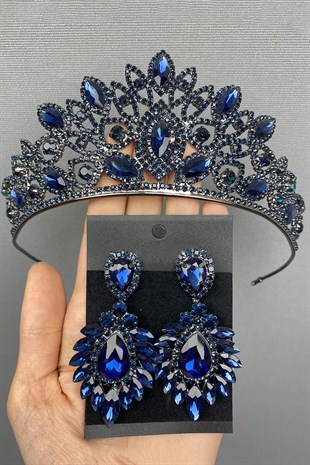 Navy Blue Bridal Henna Tiara and Earrings