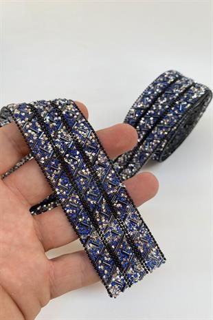 شريط مزين بالخرز من الحجر باللون الأزرق الداكن