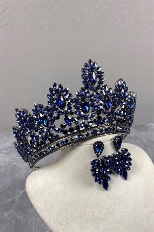 Navy Blue Godiva High Bridal Henna Tiara and Shuttle Stone Evening Dress Earring Set