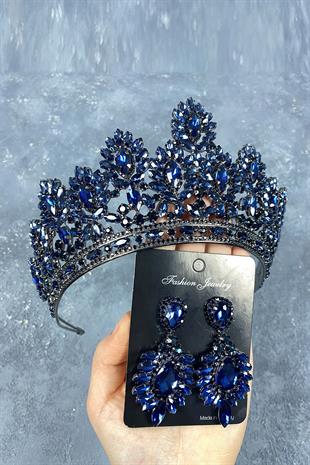 Navy Blue Godiva High Bridal Henna Crown And Shuttle Evening Dress Earrings