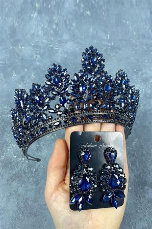 Navy Blue Godiva High Bridal Henna Crown And Stud Earrings