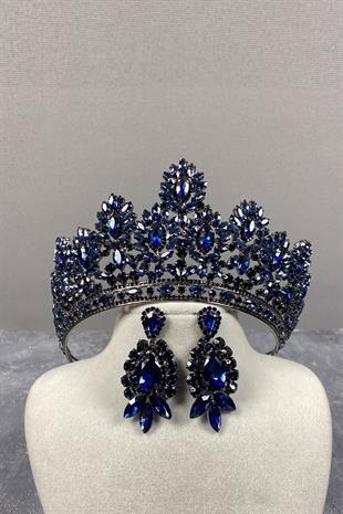 Navy Blue Godiva High Bridal Henna Crown And Stud Earrings