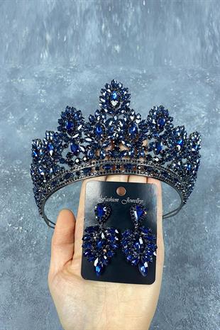 Navy Blue Godiva High Bridal Henna Tiara and Shuttle Stone Evening Dress Earring Set