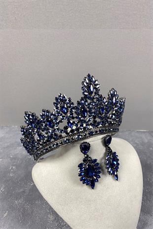 Navy Blue Godiva High Bridal Henna Crown And Shuttle Evening Dress Earrings