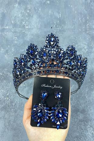 Navy Blue Godiva High Bridal Henna Crown And Shuttle Evening Dress Earrings