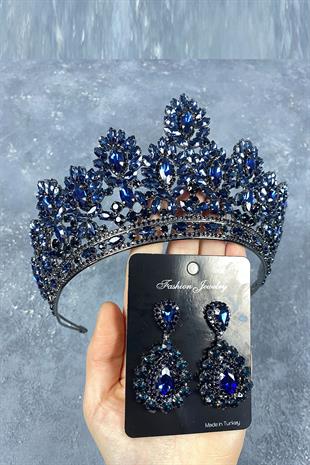 Navy Blue Godiva High Bridal Henna Crown And Drop Stone Earrings