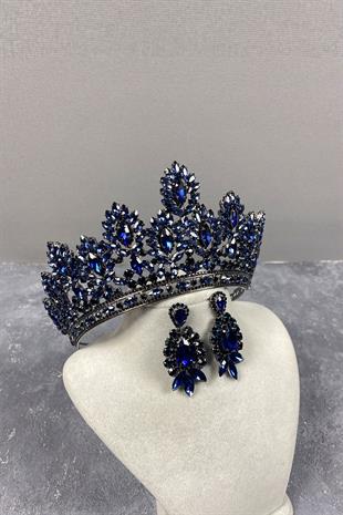 Navy Blue Godiva High Bridal Henna Crown And Stud Earrings