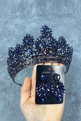 Navy Blue Godiva High Bridal Henna Tiara and Shuttle Stone Evening Dress Earring Set