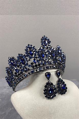 Navy Blue Godiva High Bridal Henna Crown And Drop Stone Earrings