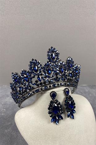 Navy Blue Godiva High Bridal Henna Crown And Stud Earrings