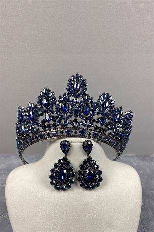 Navy Blue Godiva High Bridal Henna Crown And Drop Stone Earrings