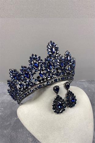Navy Blue Godiva High Bridal Henna Crown And Drop Stone Earrings