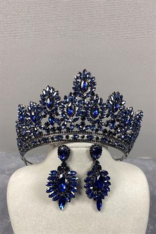 Navy Blue Godiva High Bridal Henna Crown And Shuttle Evening Dress Earrings