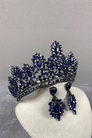 Navy Blue Godiva High Bridal Henna Crown And Shuttle Evening Dress Earrings