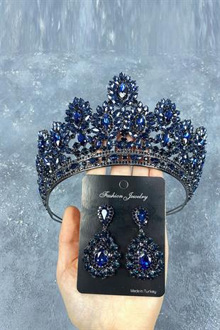 Navy Blue Godiva High Bridal Henna Crown And Drop Stone Earrings
