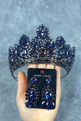 Navy Blue Godiva High Bridal Henna Crown And Stud Earrings