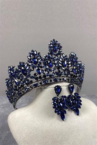 Navy Blue Godiva High Bridal Henna Tiara and Shuttle Stone Evening Dress Earring Set