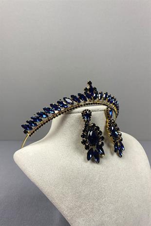 Navy Blue Gold Ece Bridal Henna Crown and Drop Stone Earring Set