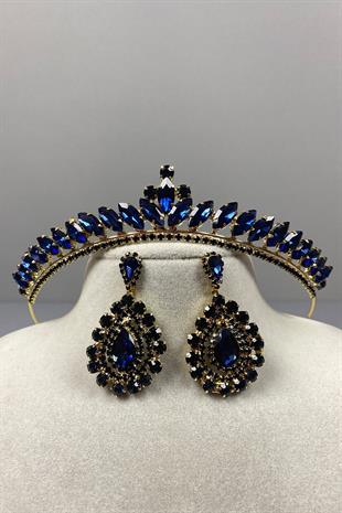 Navy Blue Gold Ece Bridal Henna Crown and Drop Stone Earring Set
