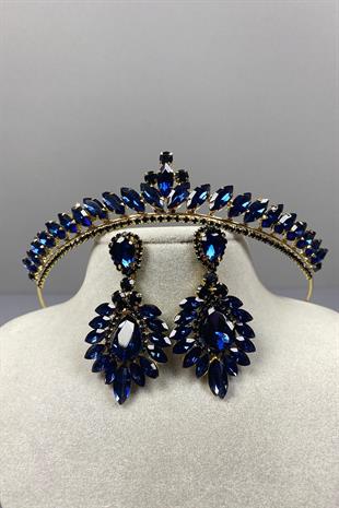 Navy Blue Gold Ece Bridal Henna Crown and Drop Shuttle Stone Earring Set