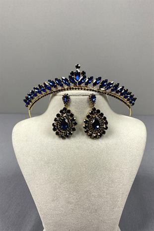 Navy Blue Gold Ece Bridal Henna Crown and Drop Stone Earring Set
