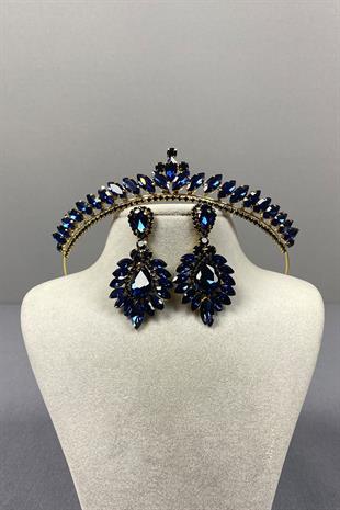 Navy Blue Gold Ece Bridal Henna Crown and Drop Shuttle Stone Earring Set