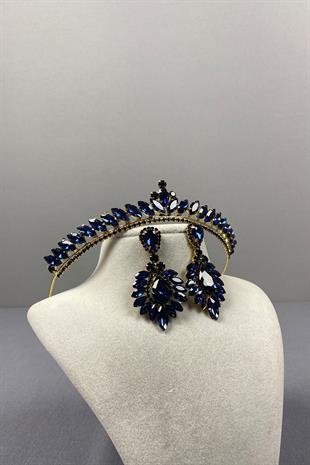 Navy Blue Gold Ece Bridal Henna Crown and Drop Shuttle Stone Earring Set