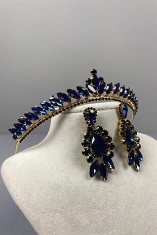 Navy Blue Gold Ece Bridal Henna Crown and Drop Stone Earring Set