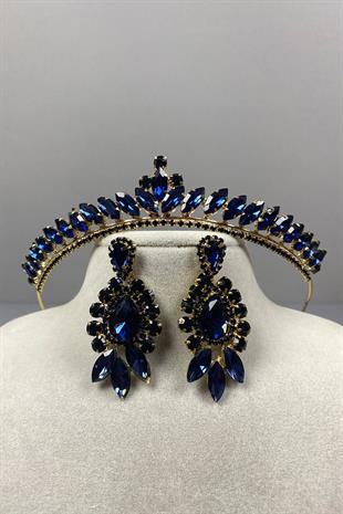 Navy Blue Gold Ece Bridal Henna Crown and Drop Stone Earring Set