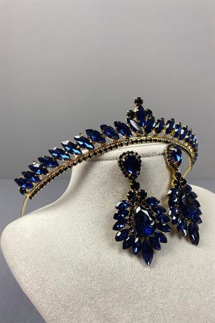 Navy Blue Gold Ece Bridal Henna Crown and Drop Shuttle Stone Earring Set